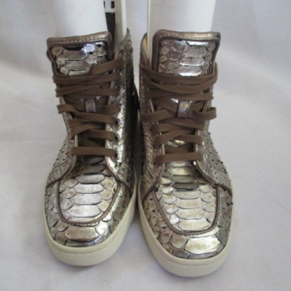 Christian Louboutin Silver Metallic Snakeskin High-Top Sneakers - Picture 7 of 9